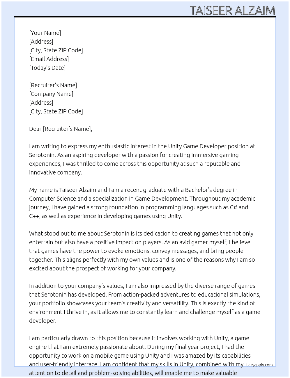Unity Game Developer At Serotonin Cover Letter