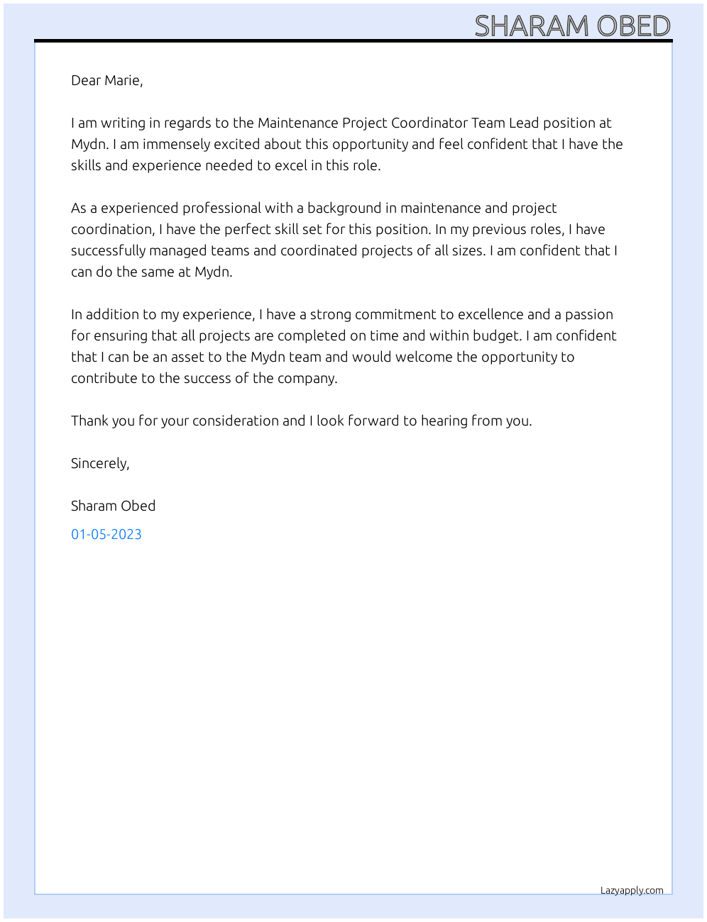 Maintenance Project Coordinator Team Lead At Mydn Cover Letter