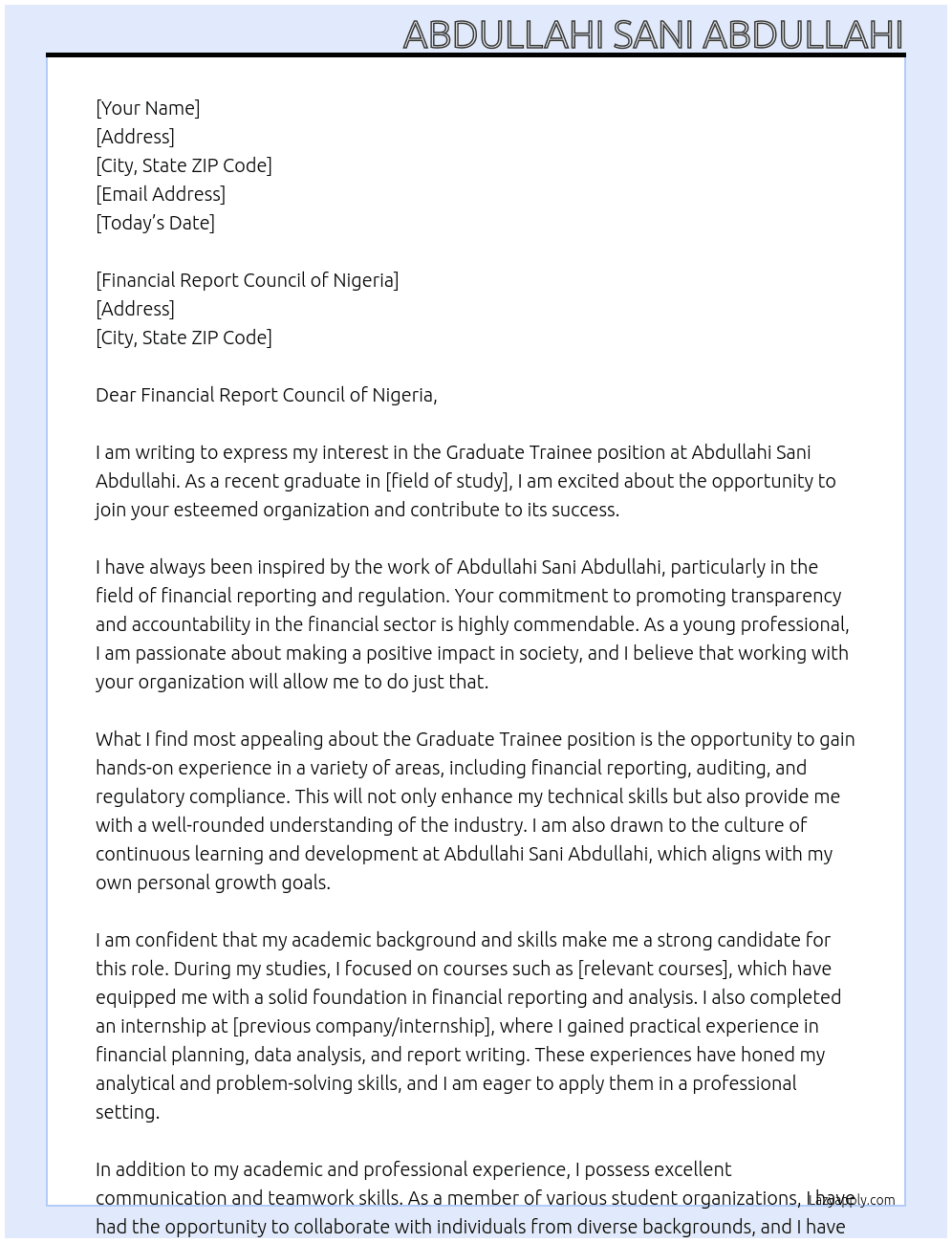 Graduate trainee At Abdullahi Sani Abdullahi Cover Letter