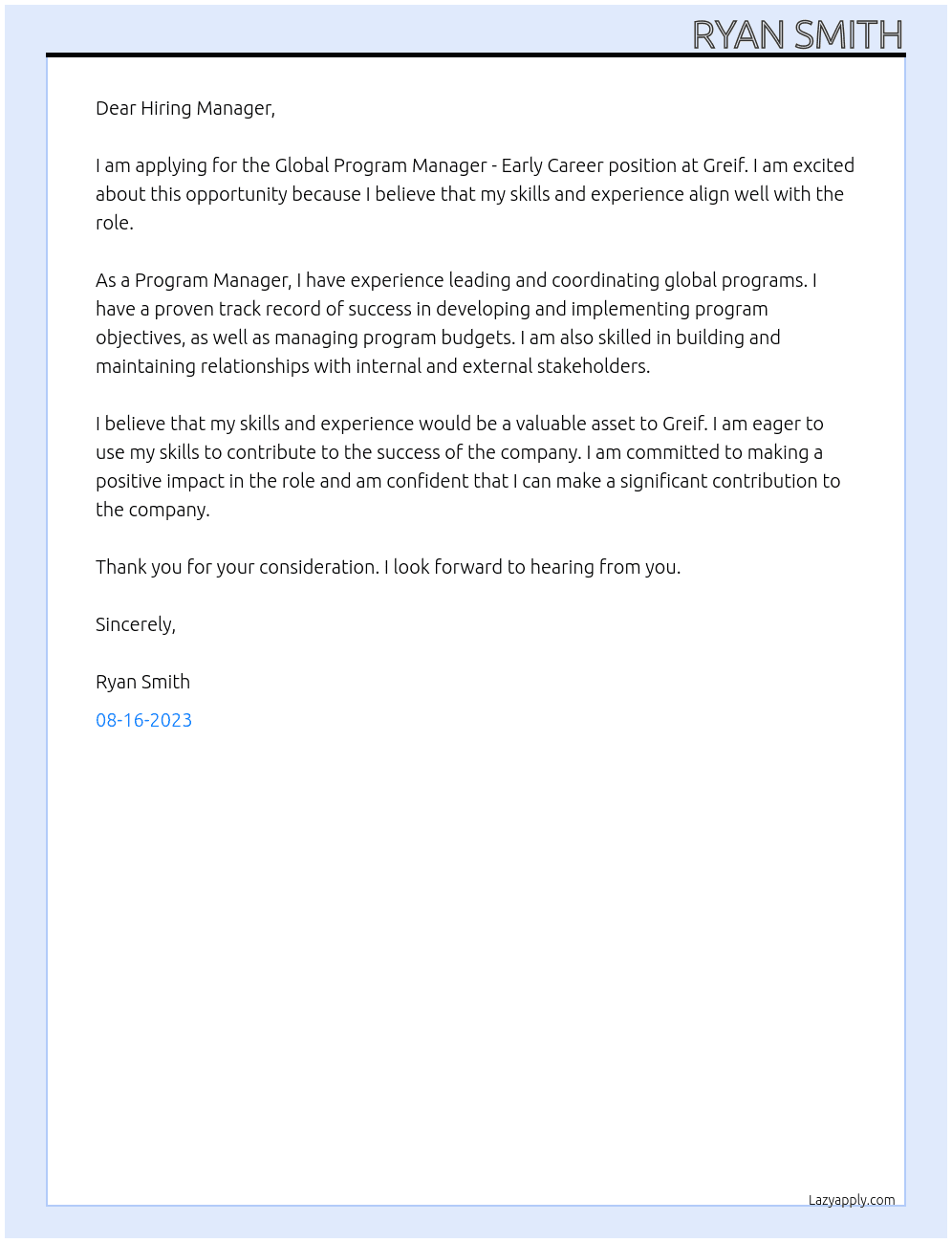 Global Program Manager - Early Career At Greif Cover Letter