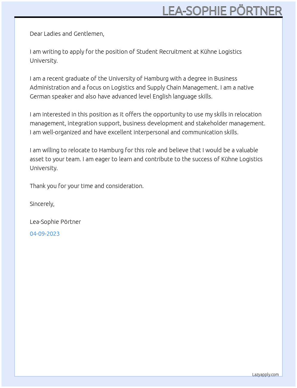 Student Recruitment At Kühne Logistics University Cover Letter