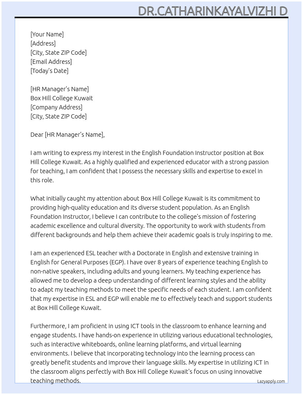 English Foundation Instructor At Box Hill College Kuwait Cover Letter