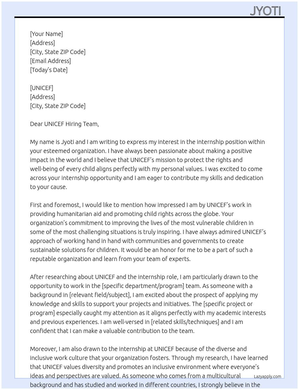 Intership At UNICEF  Cover Letter