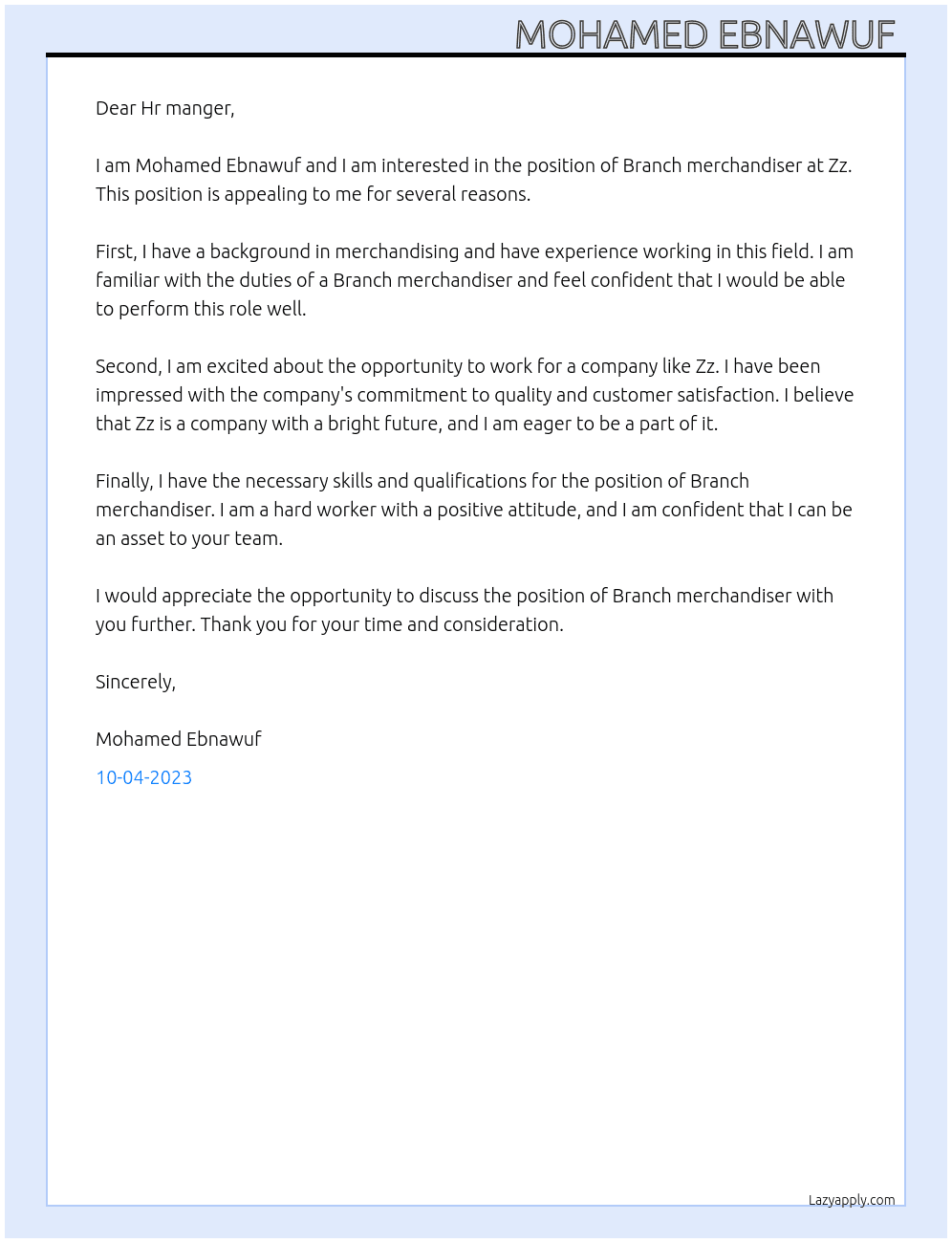 Branch merchandiser  At Zz Cover Letter