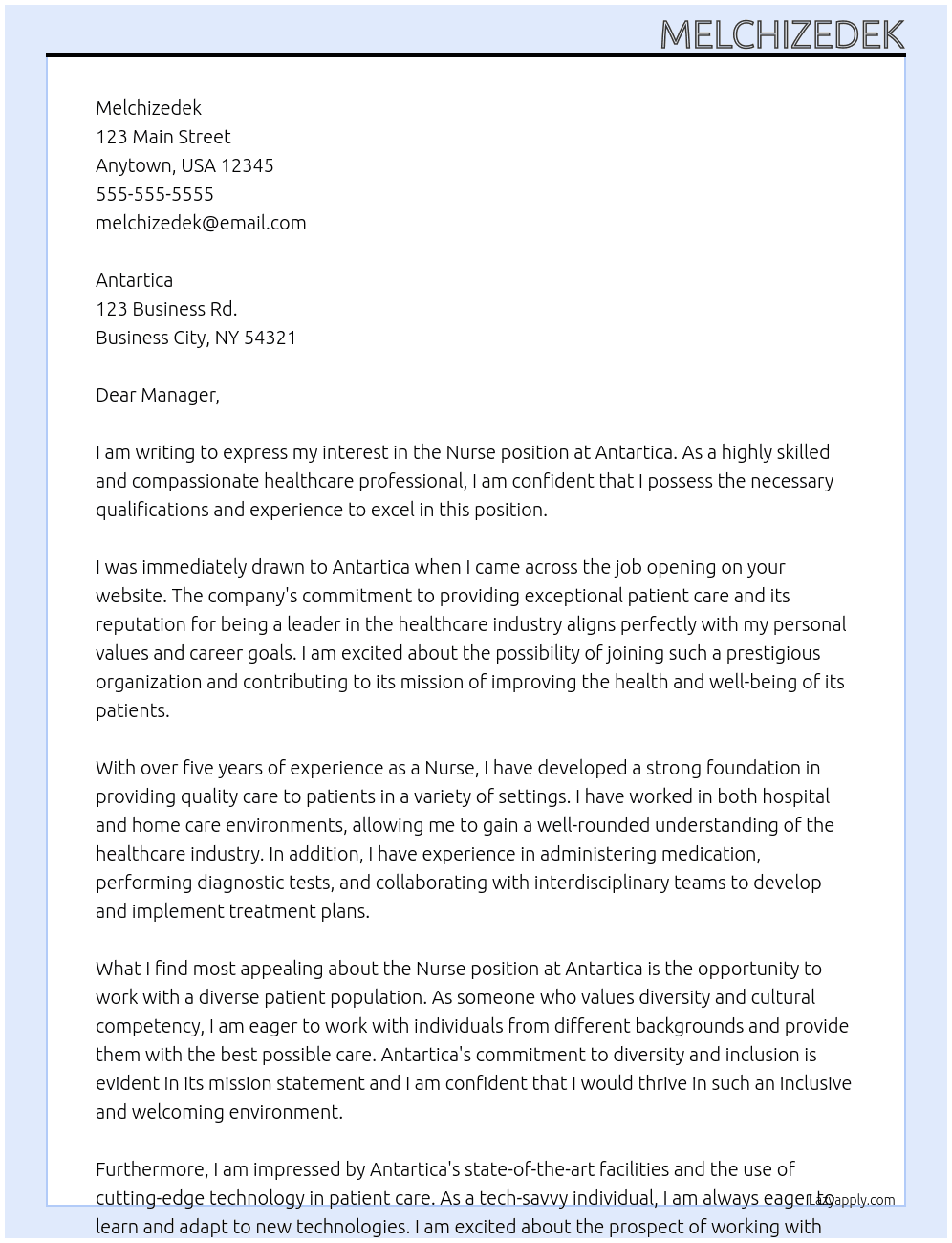 Nurse At Antartica Cover Letter