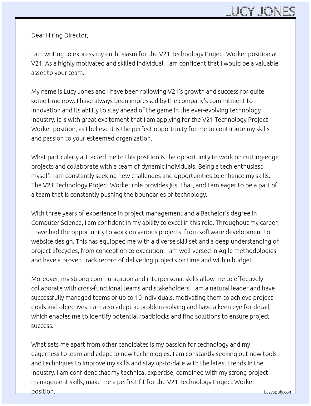 V21 Technology Project Worker At V21 Cover Letter