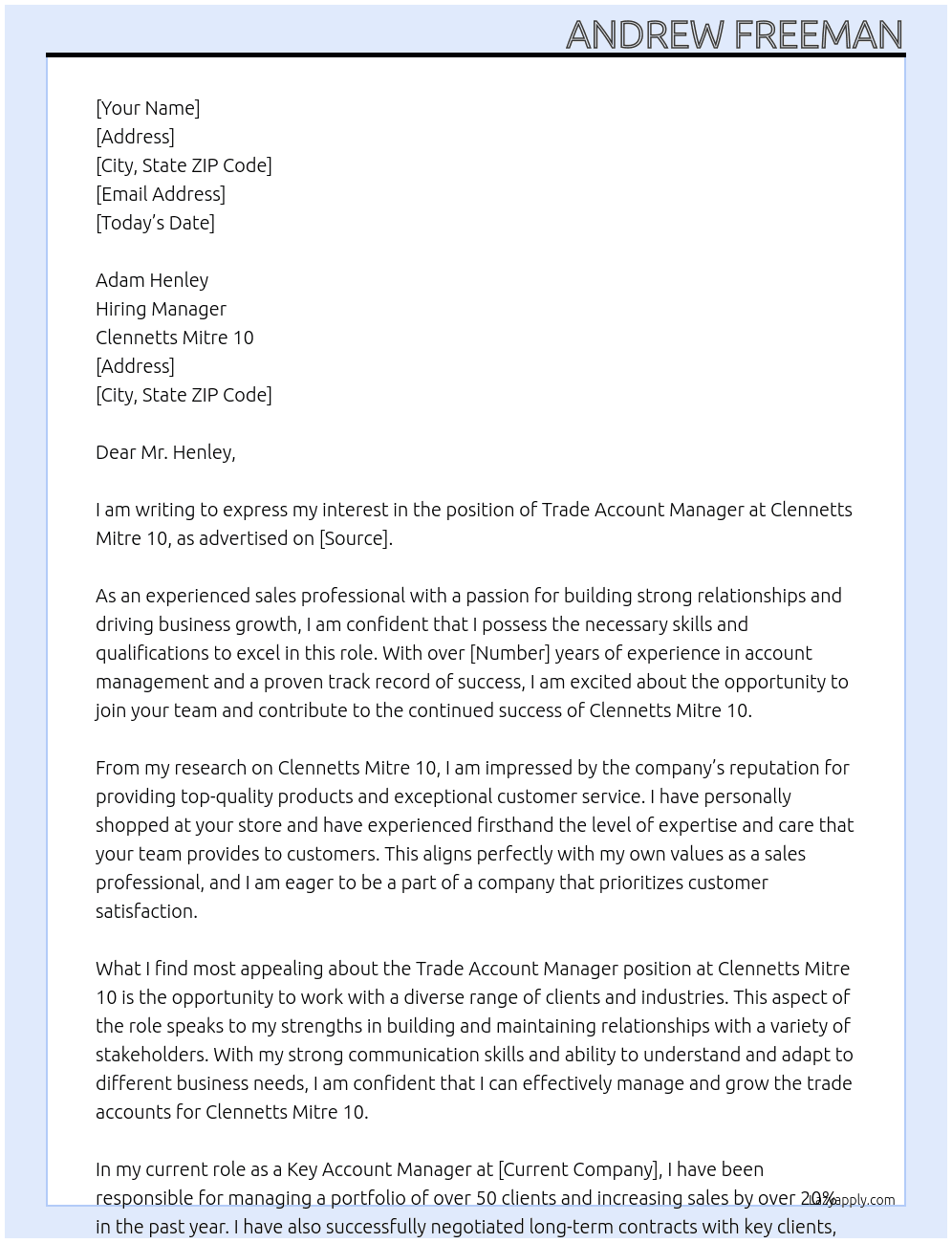 Trade Account Manager At Clennetts Mitre 10 Cover Letter