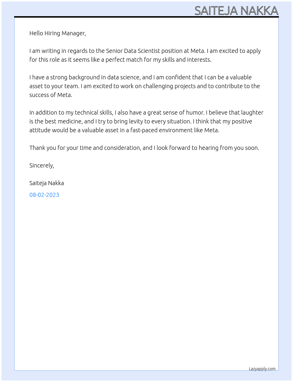 Senior Data Scientist At Meta Cover Letter