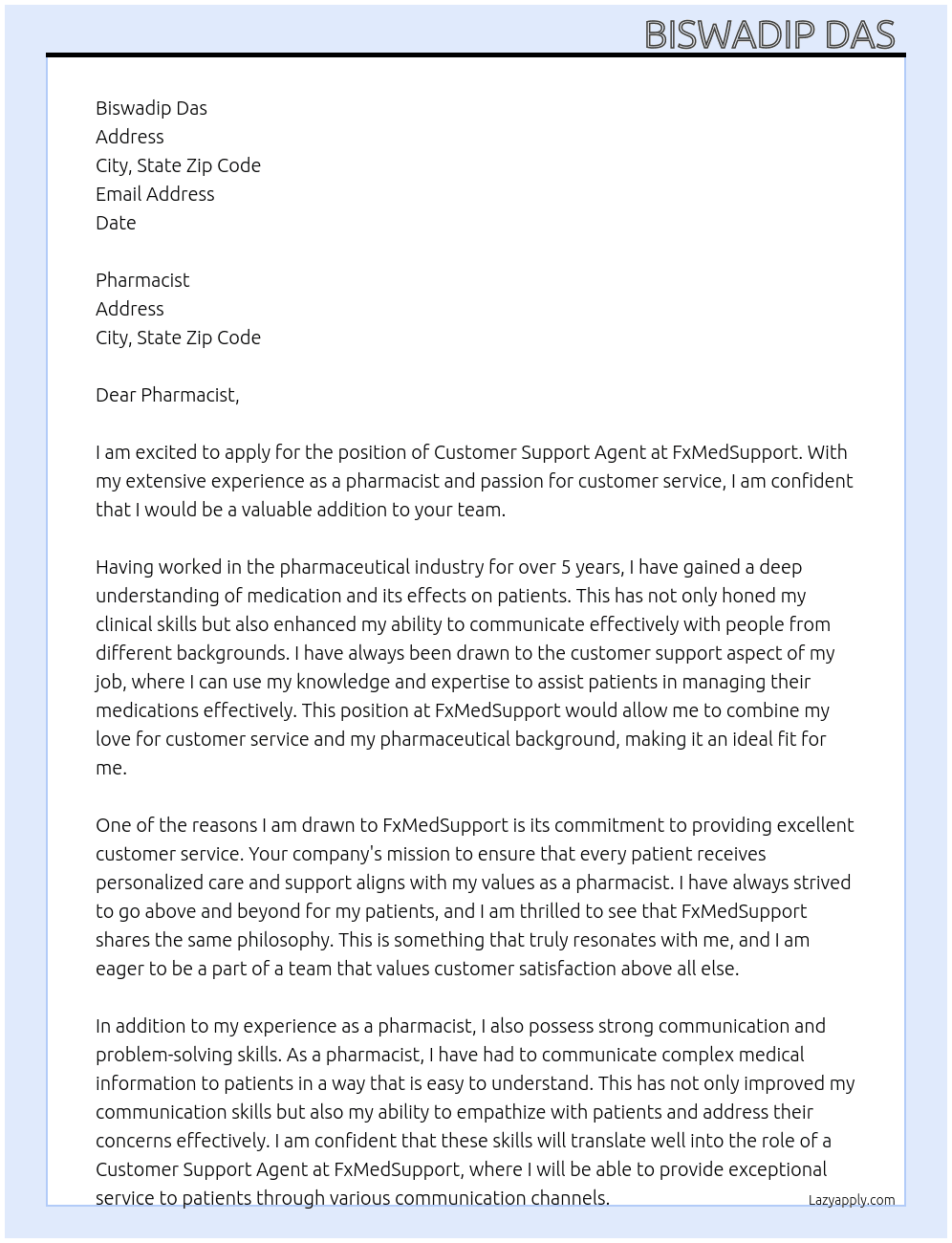 Customer Support Agent  At FxMedSupport Cover Letter