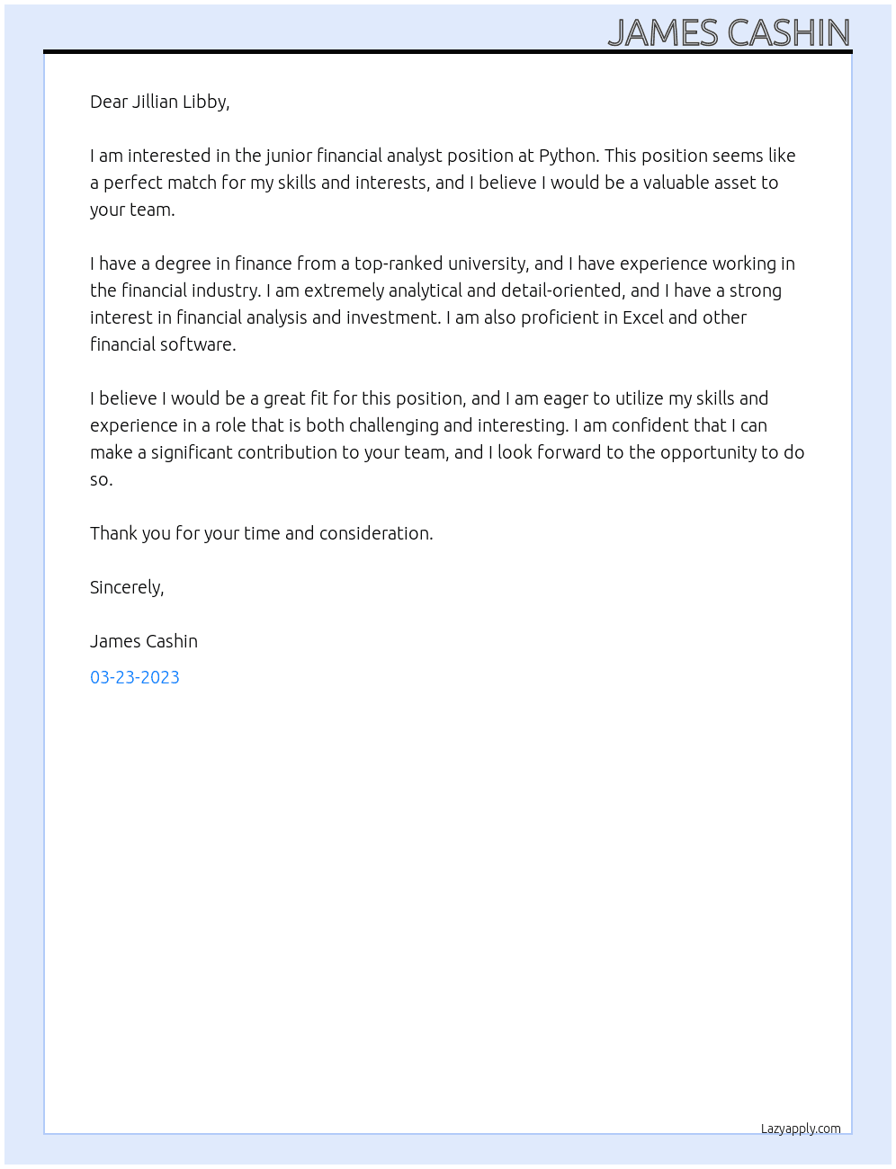 Junior financial analyst At Python Cover Letter