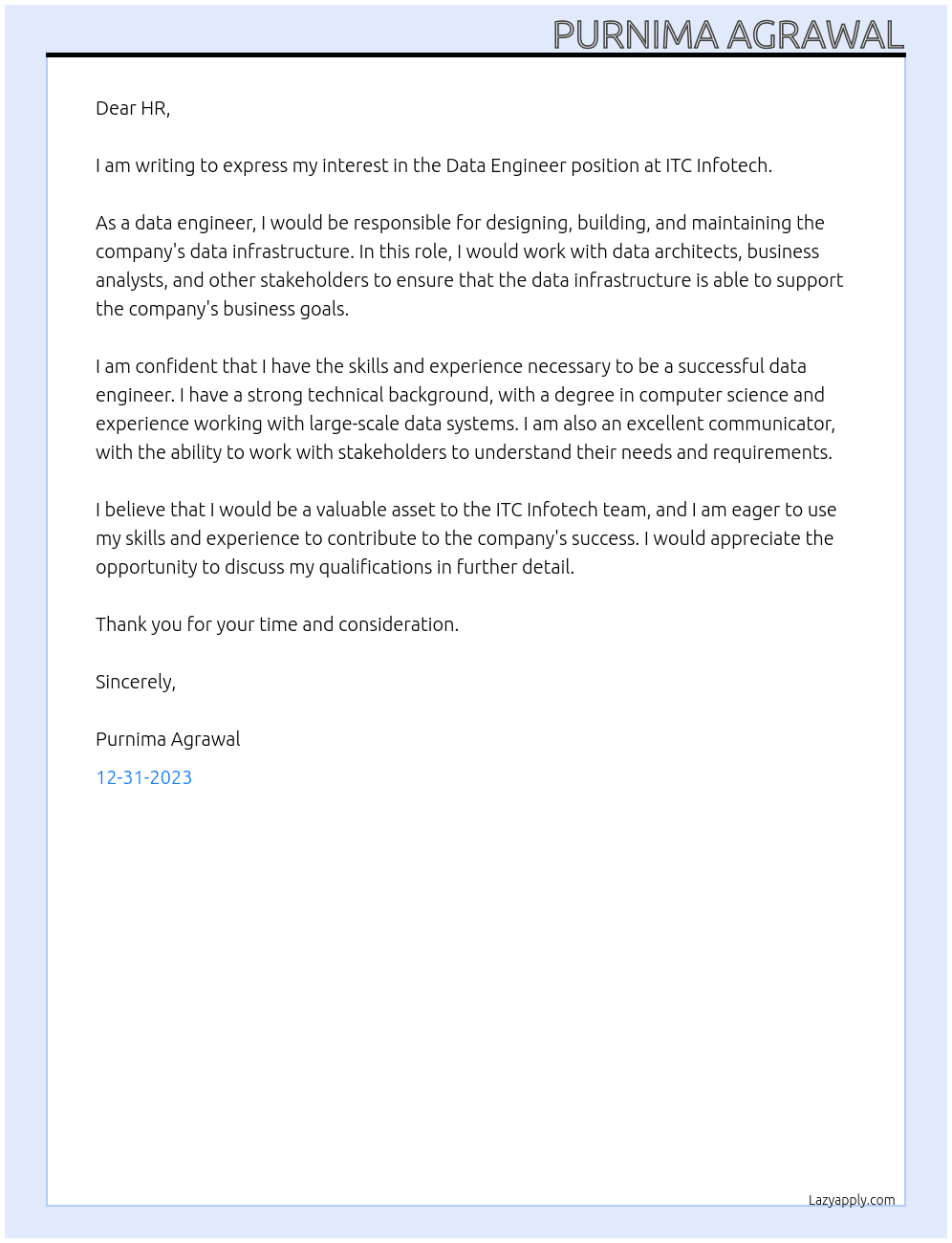 Data Engineer At ITC Infotech Cover Letter