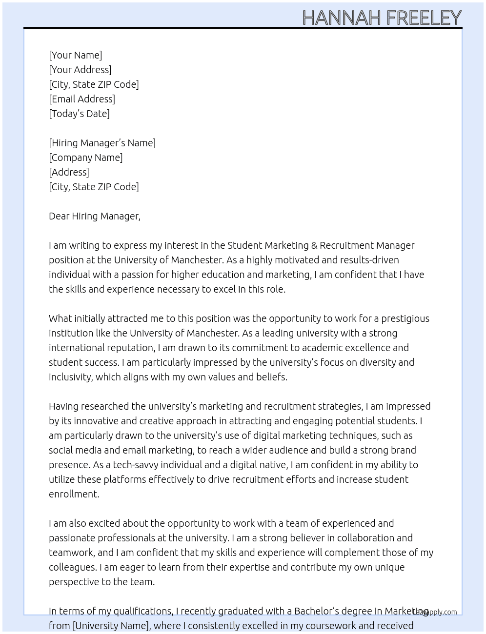 Student Marketing & Recruitment Manager At University of Manchester Cover Letter
