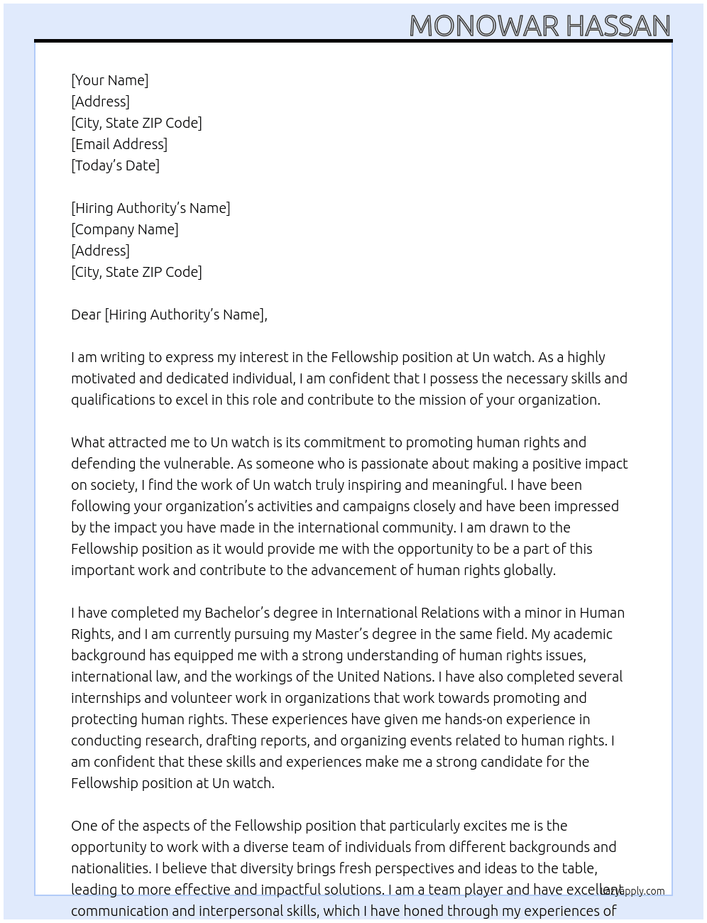 Fellowship  At Un watch Cover Letter