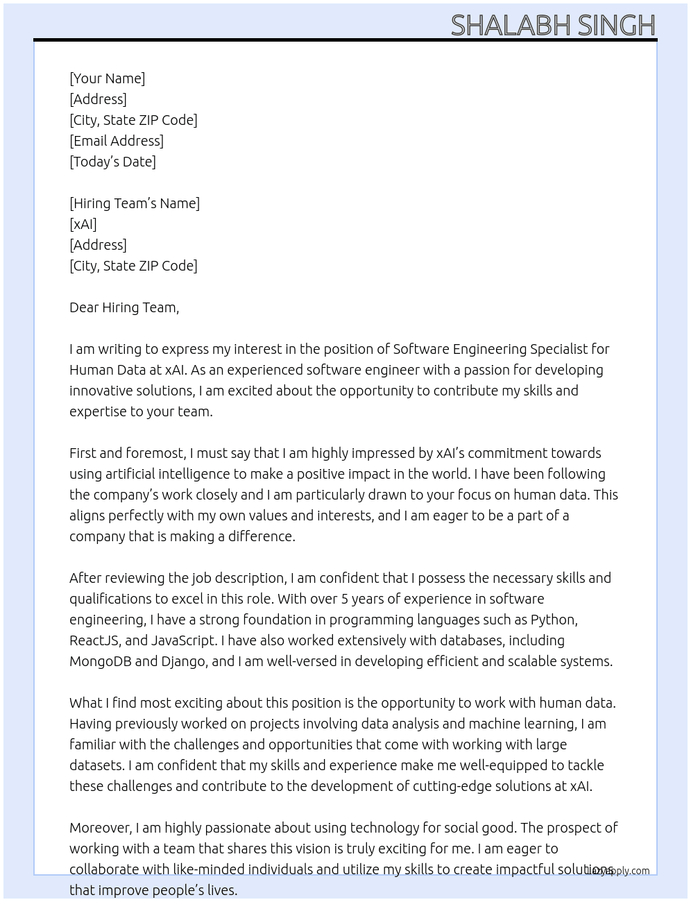 Cover letter for software engineering specialist - human data - LazyApply