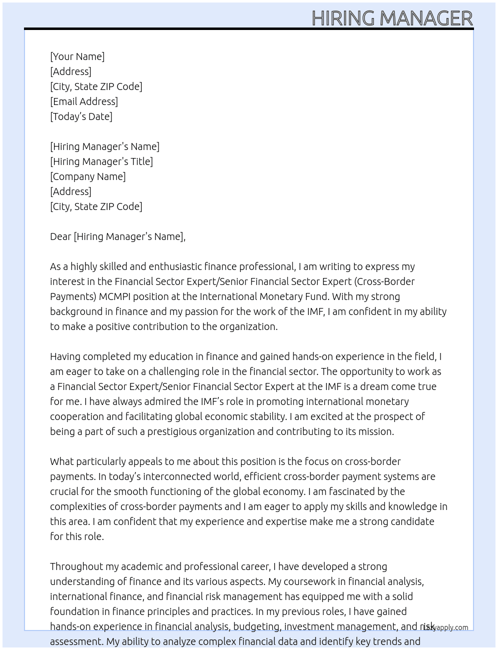 Financial Sector Expert/Senior Financial Sector Expert (Cross-Border Payments) MCMPI) At Interntional Monetary Fund Cover Letter
