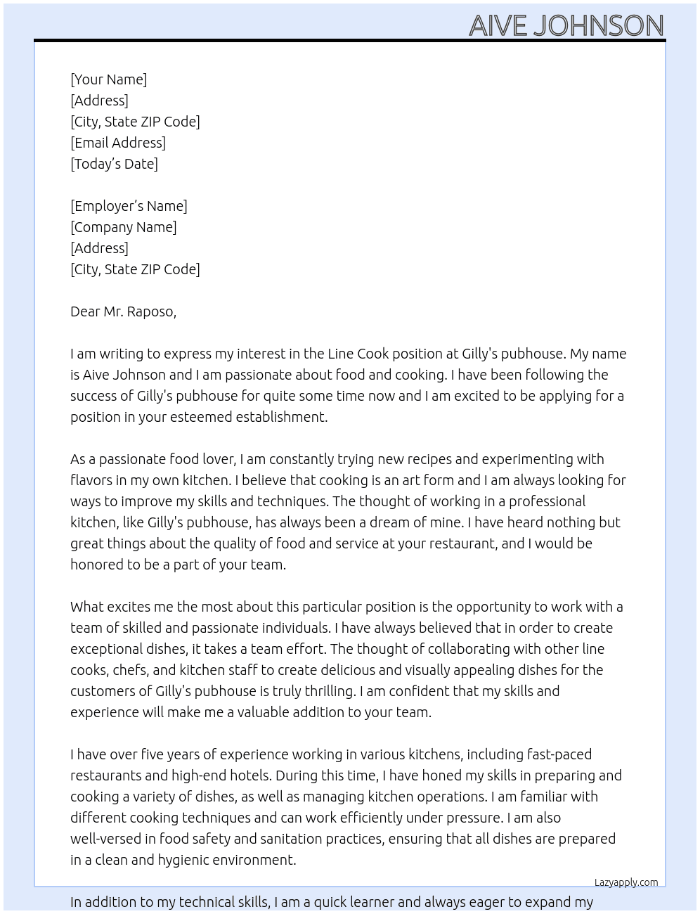 Line cook At Gilly's pubhouse Cover Letter