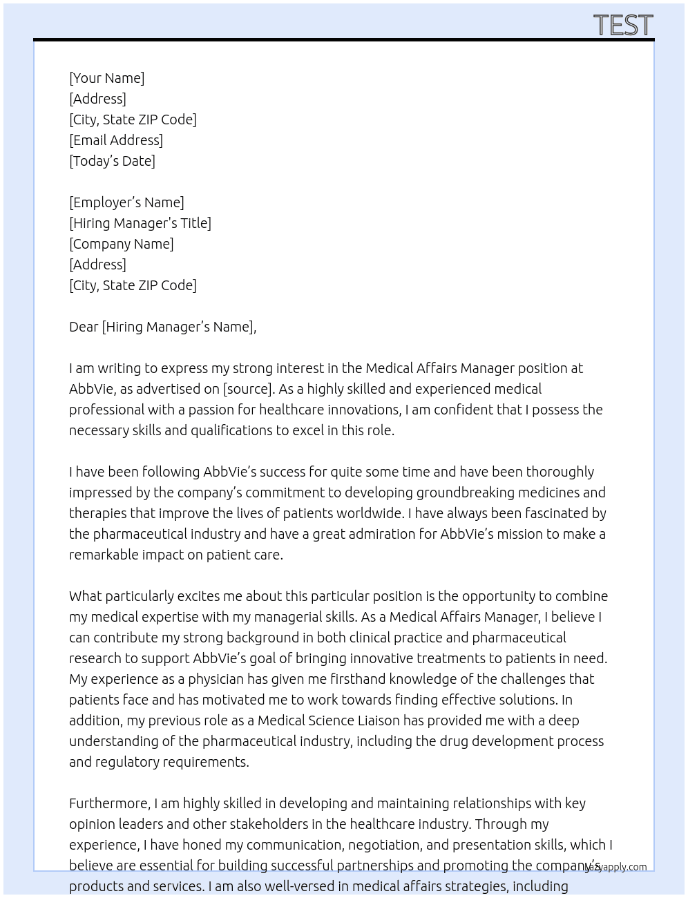 Medical Affairs Manager At AbbVie Cover Letter