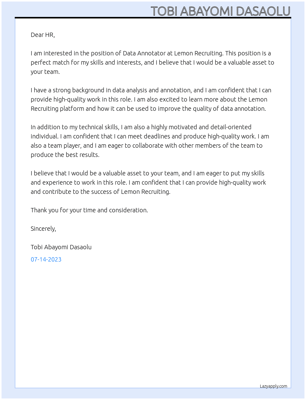 Data Annotator At Lemon Recruiting Cover Letter