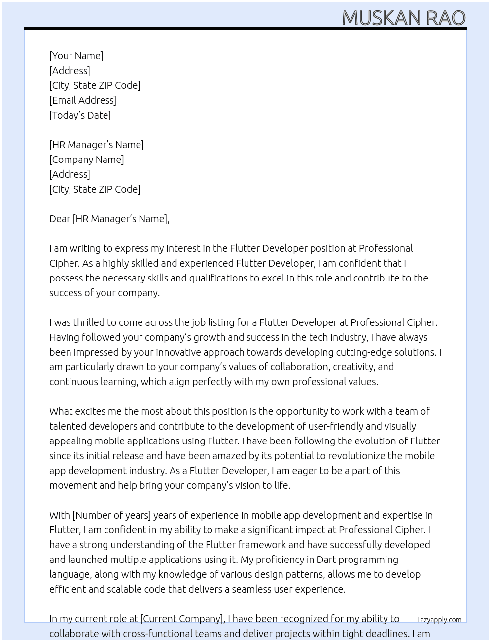 Flutter Developer At Professional Cipher Cover Letter