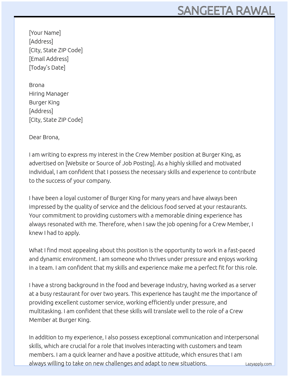 Crew member At Burger King Cover Letter