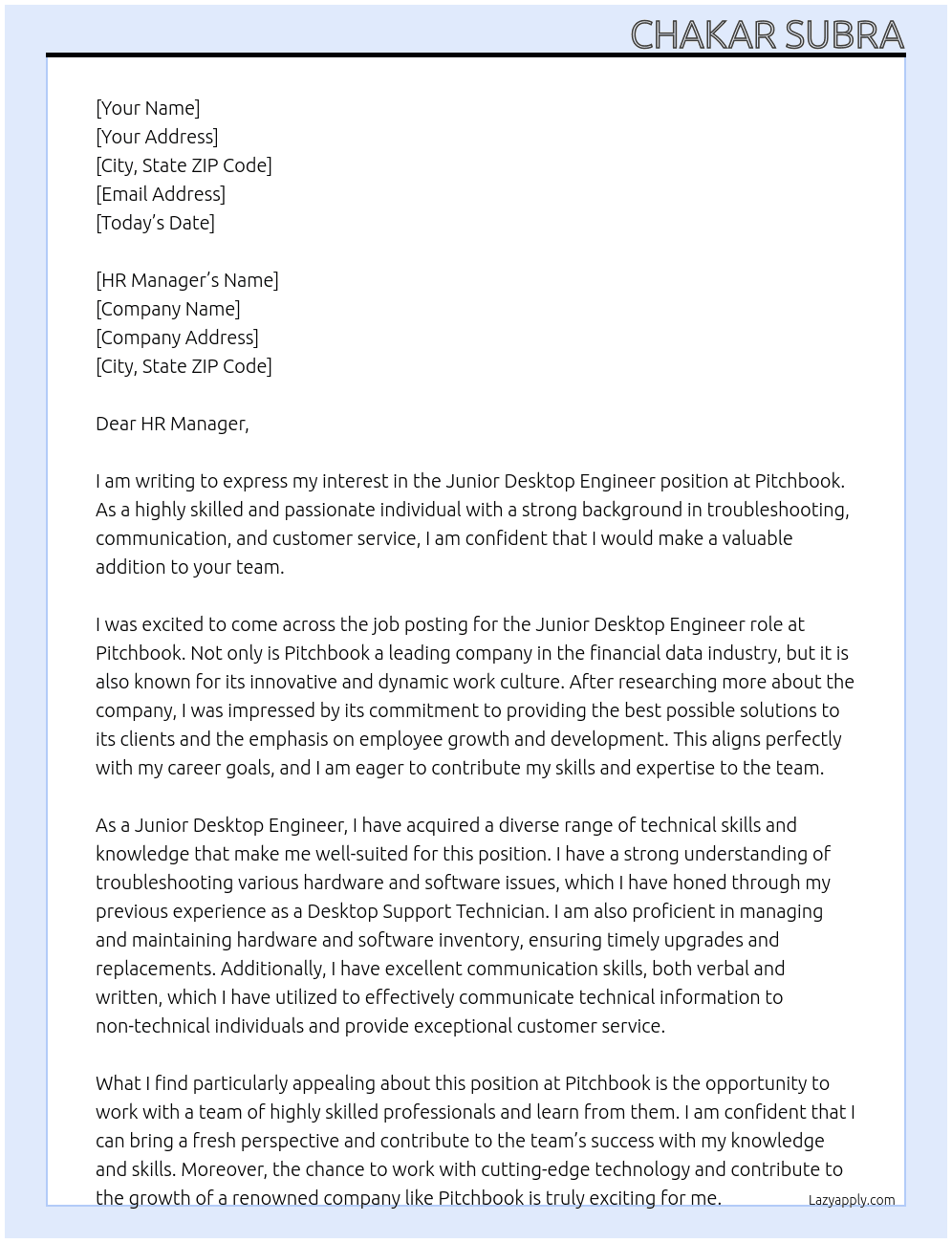 Junior Desktop Engineer At Pitchbook Cover Letter