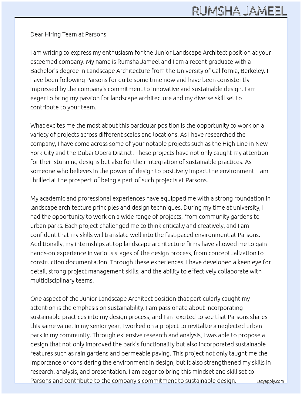 Junior Landscape Architect At Parsons Cover Letter