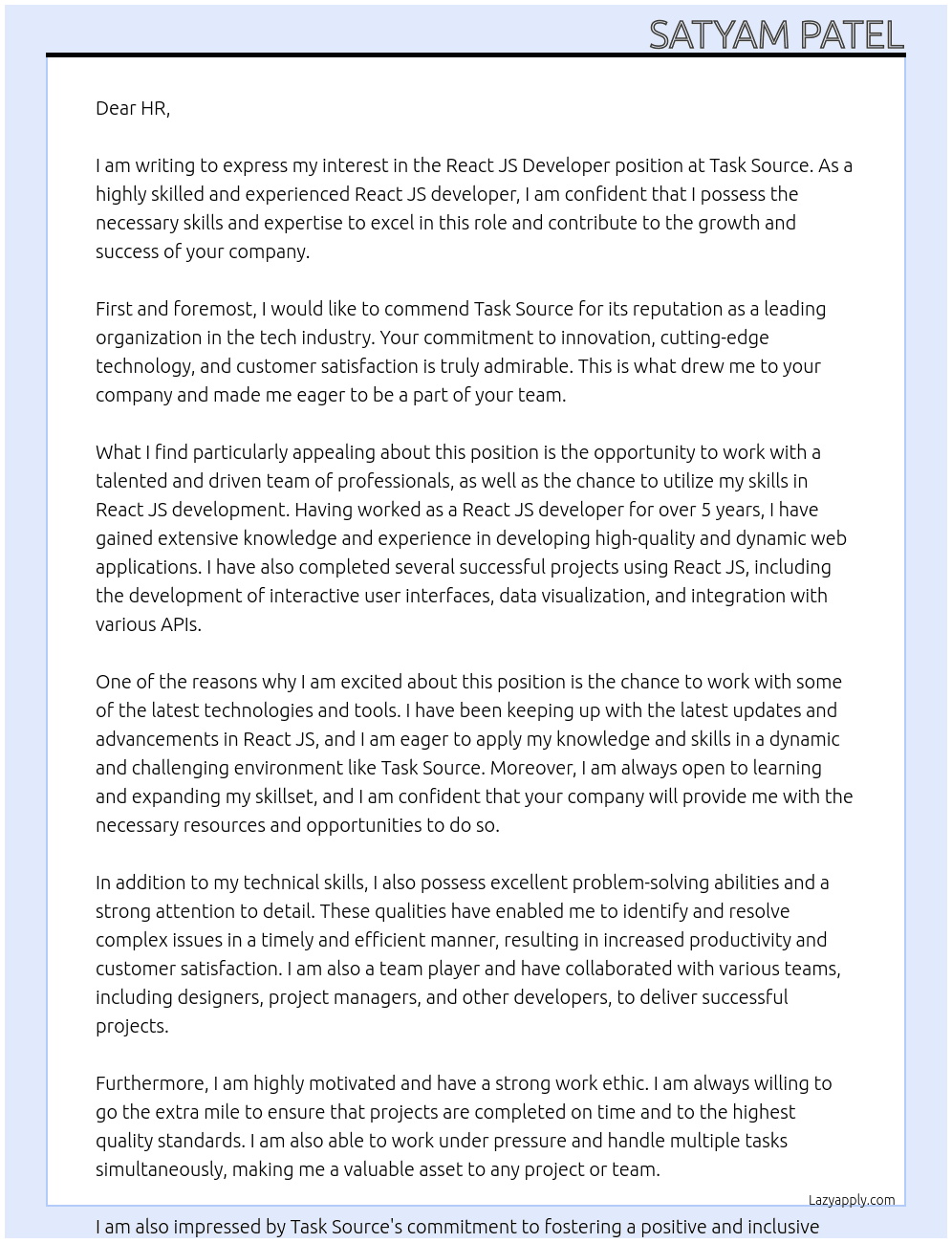 React JS Developer At Task Source Cover Letter