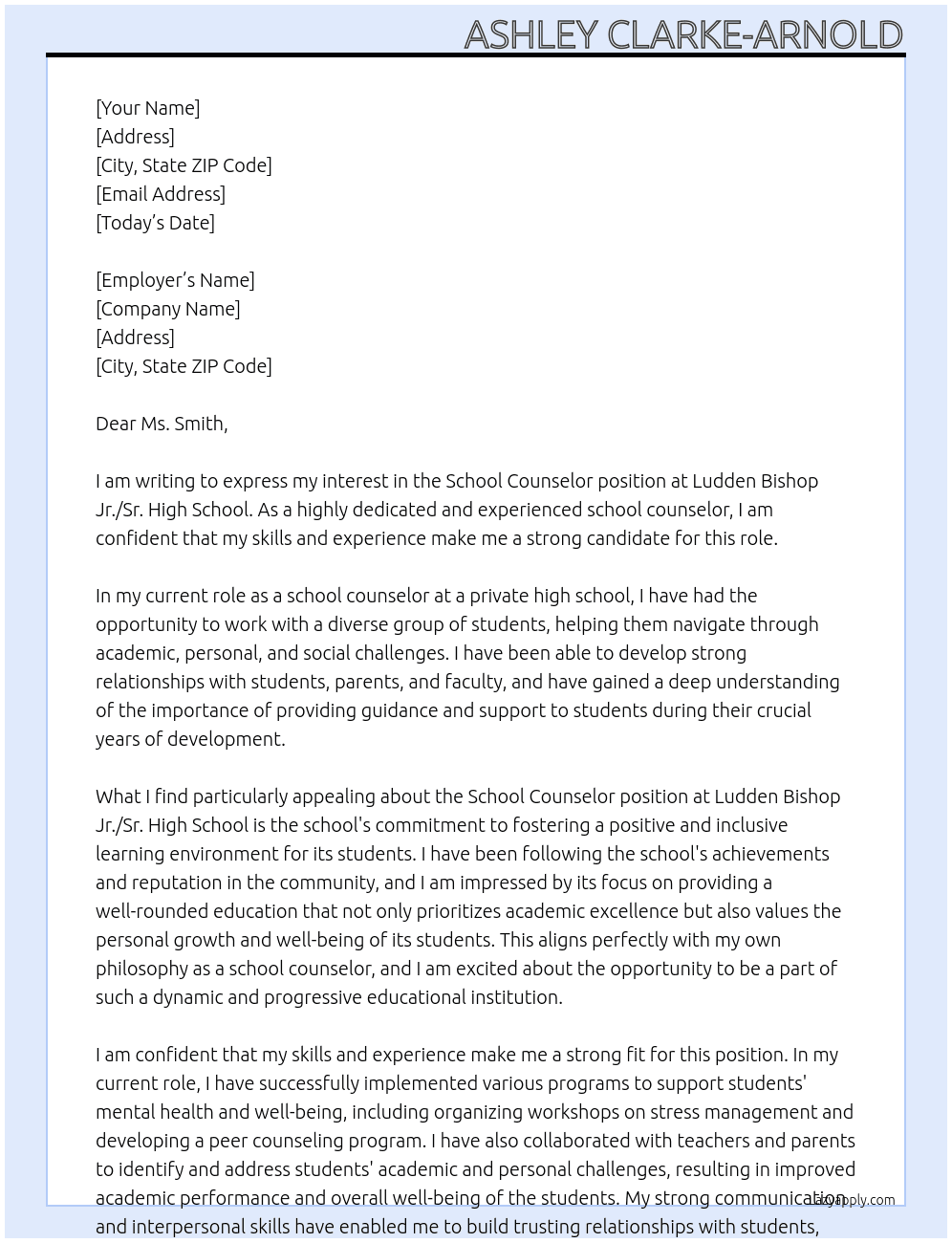 School Counselor At Ludden Bishop Jr./Sr. High School Cover Letter