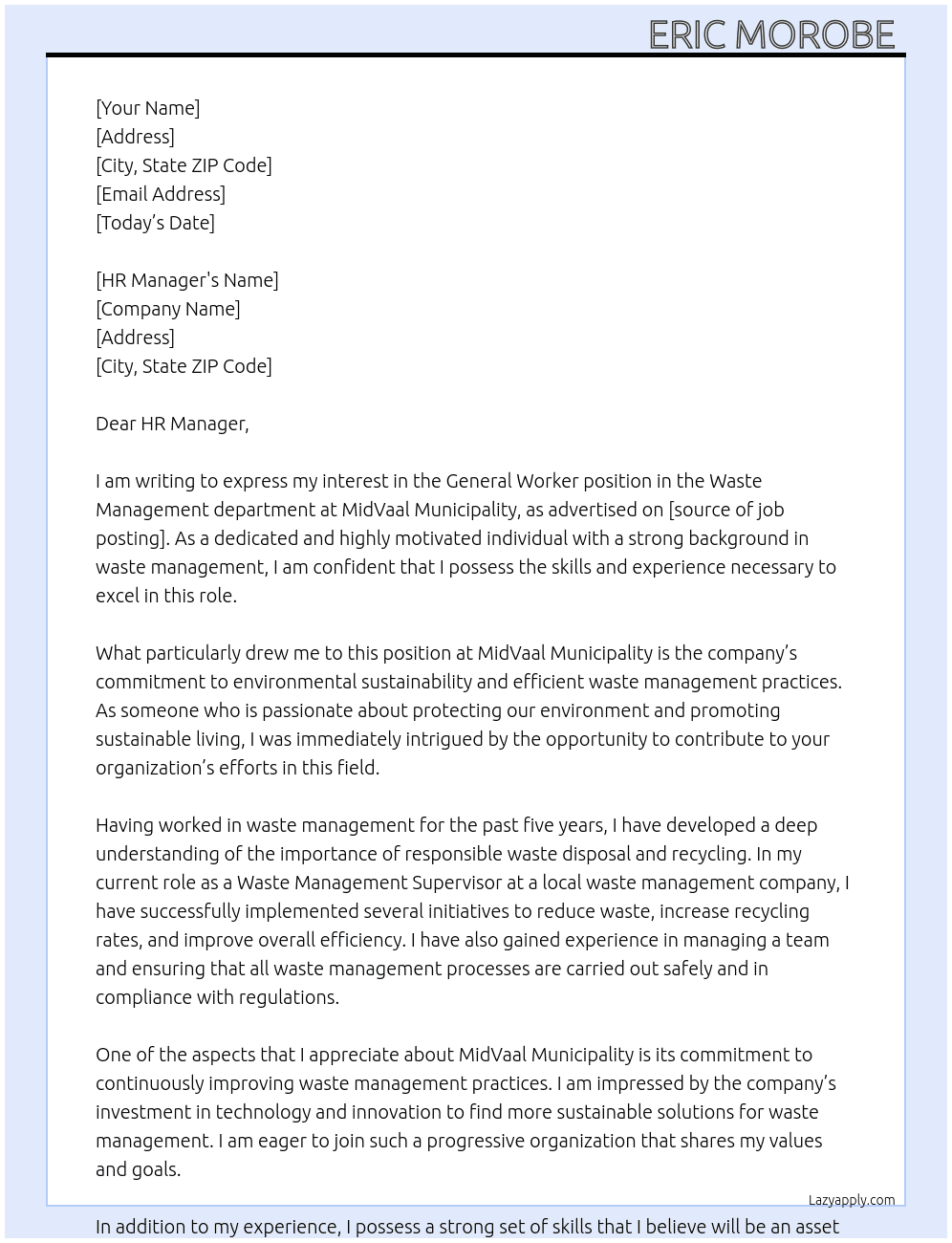 General worker - Waste Management  At MidVaal Municipality  Cover Letter