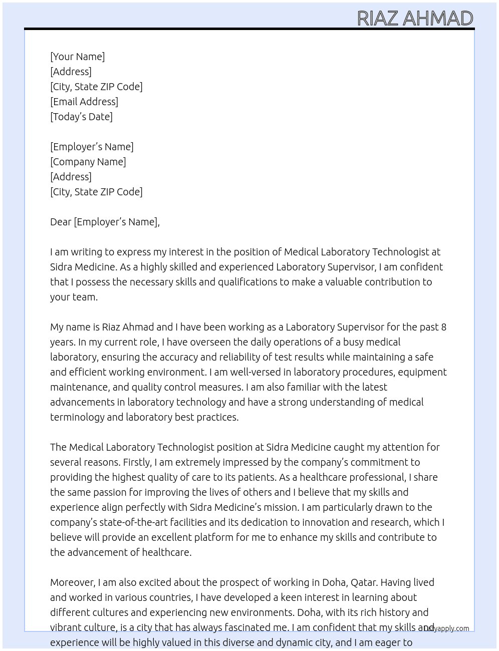 Medical Laboratory Technologsit At Sidra Medicince Cover Letter
