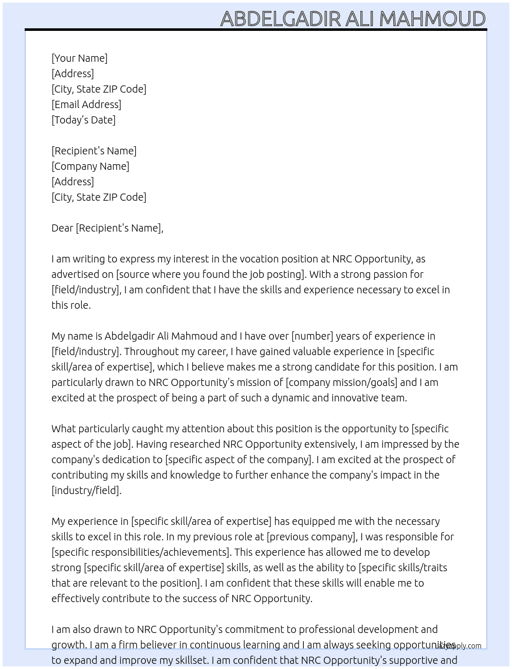 vocation At nrc opurtunity Cover Letter