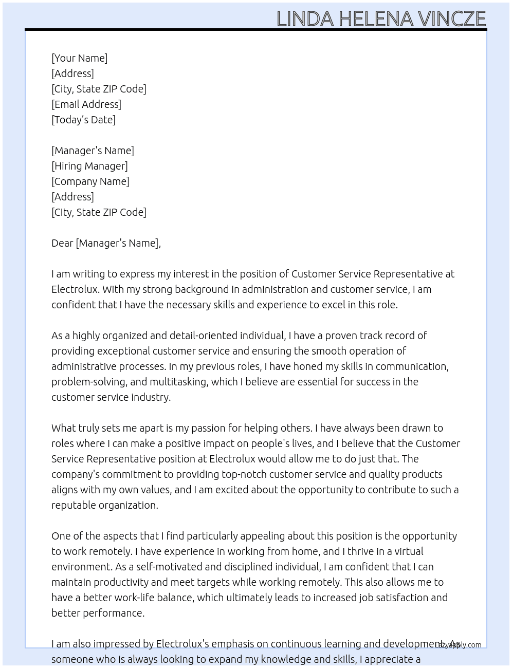 Customer Service Representative At Electrolux Cover Letter