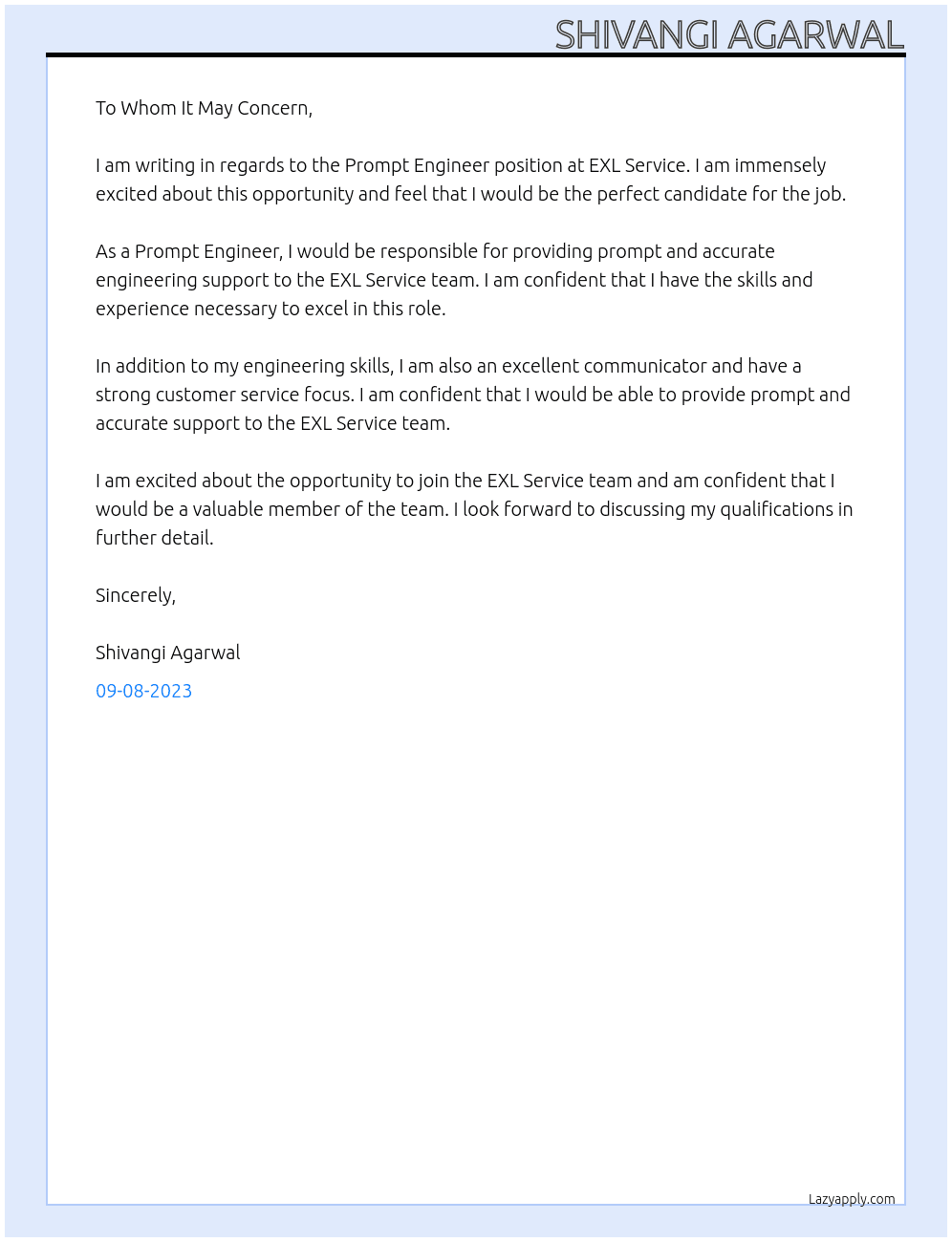 Prompt Engineer At EXl service Cover Letter