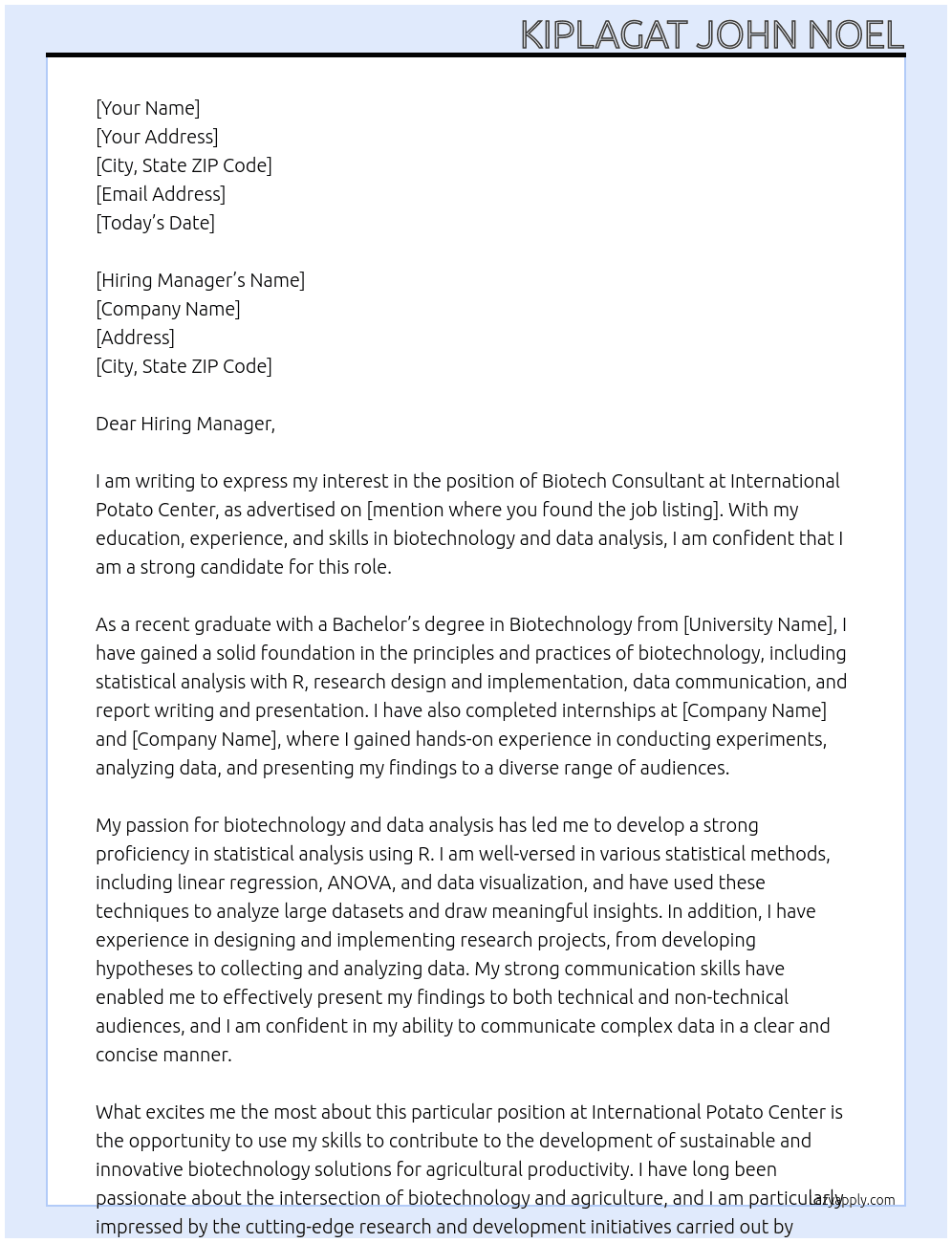 BIOTECH CONSULTANT At International Potato Center  Cover Letter