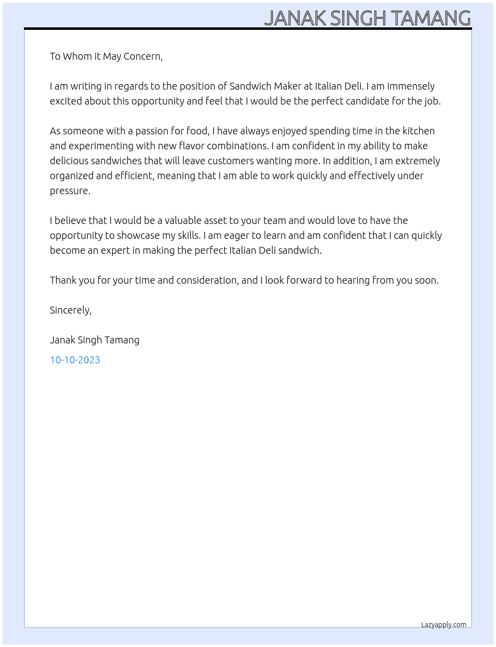 Sandwich Maker At Italian Deli Cover Letter