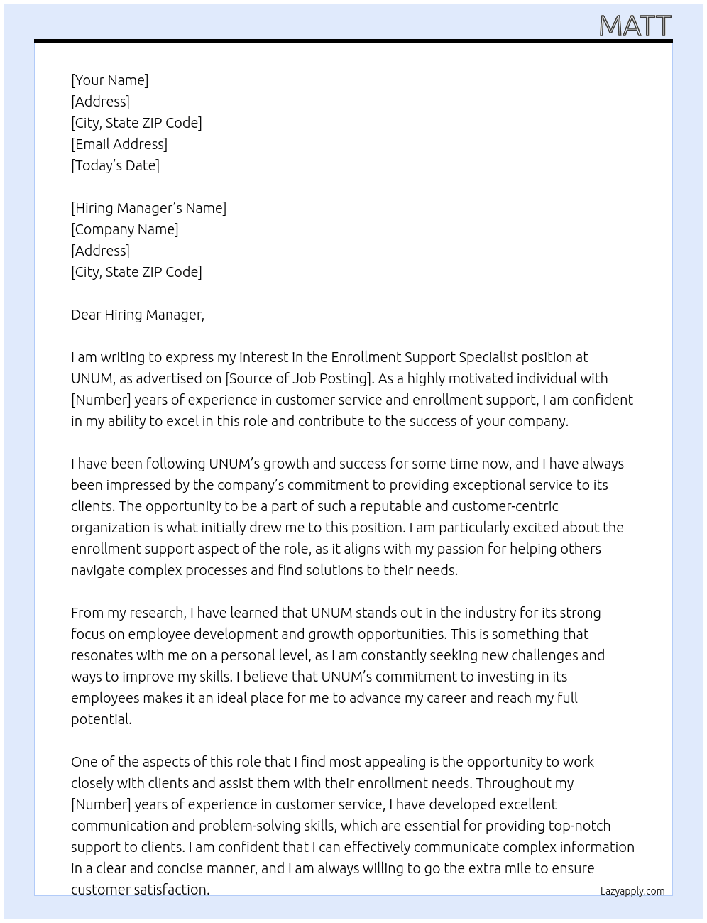 Enrollment Support Specialist At UNUM Cover Letter