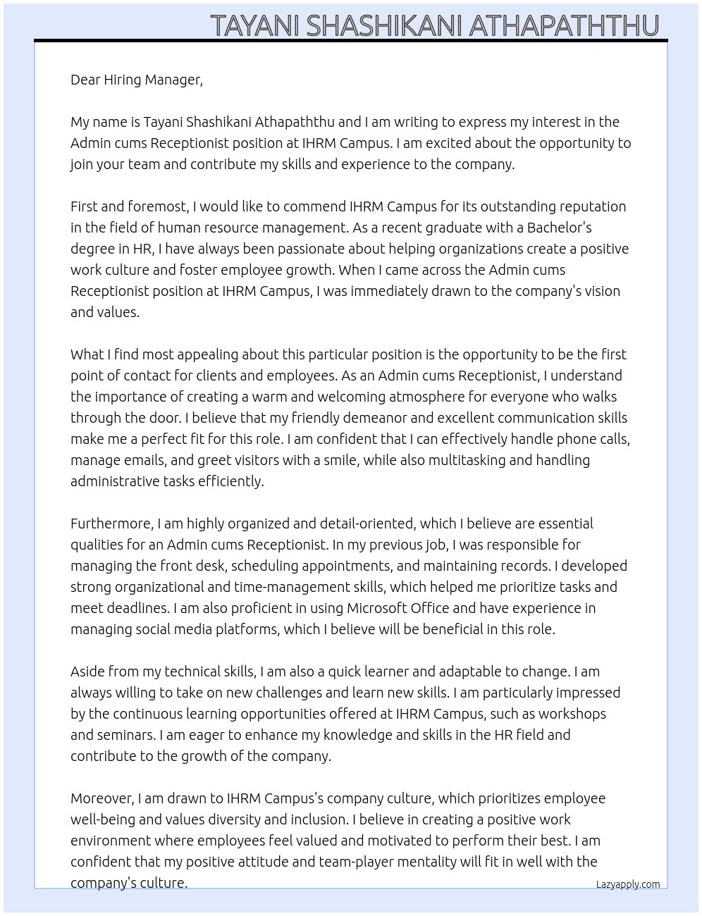Admin cums receptionist  At IHRM Campus  Cover Letter
