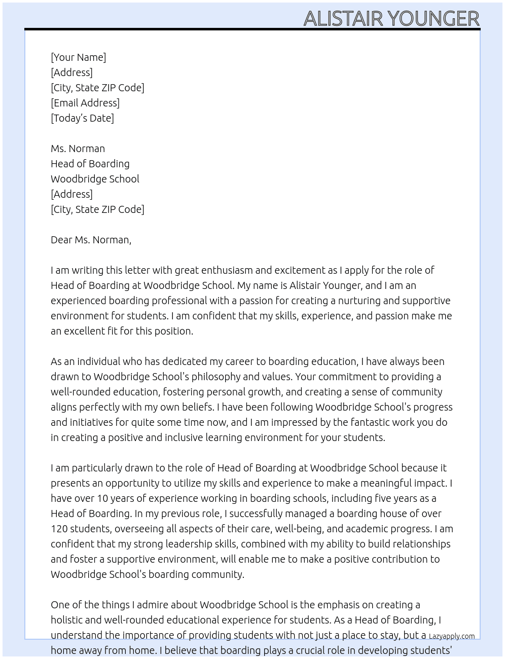 Head of Boarding At Woodbridge School Cover Letter