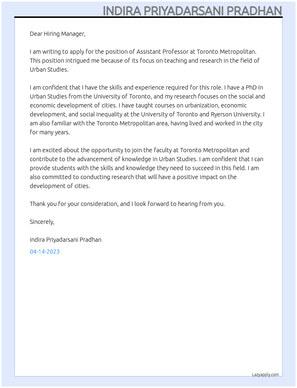 Assistant Professor At Toronto Metropolitan Cover Letter