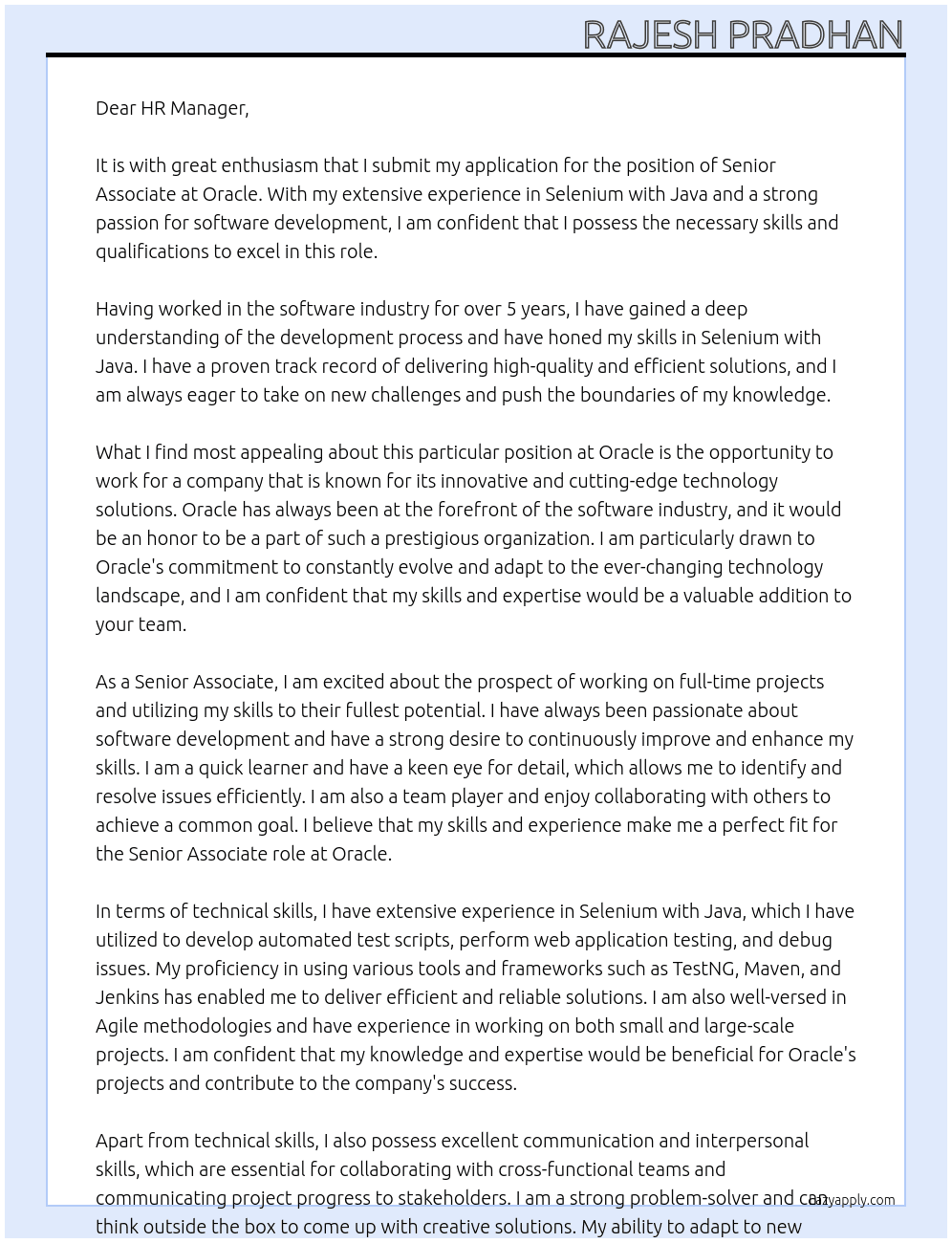 Senior Associate  At Oracle  Cover Letter
