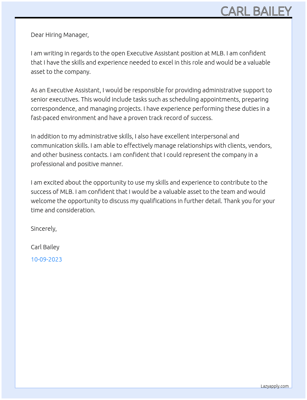 Executive Assistant  At MLB Cover Letter