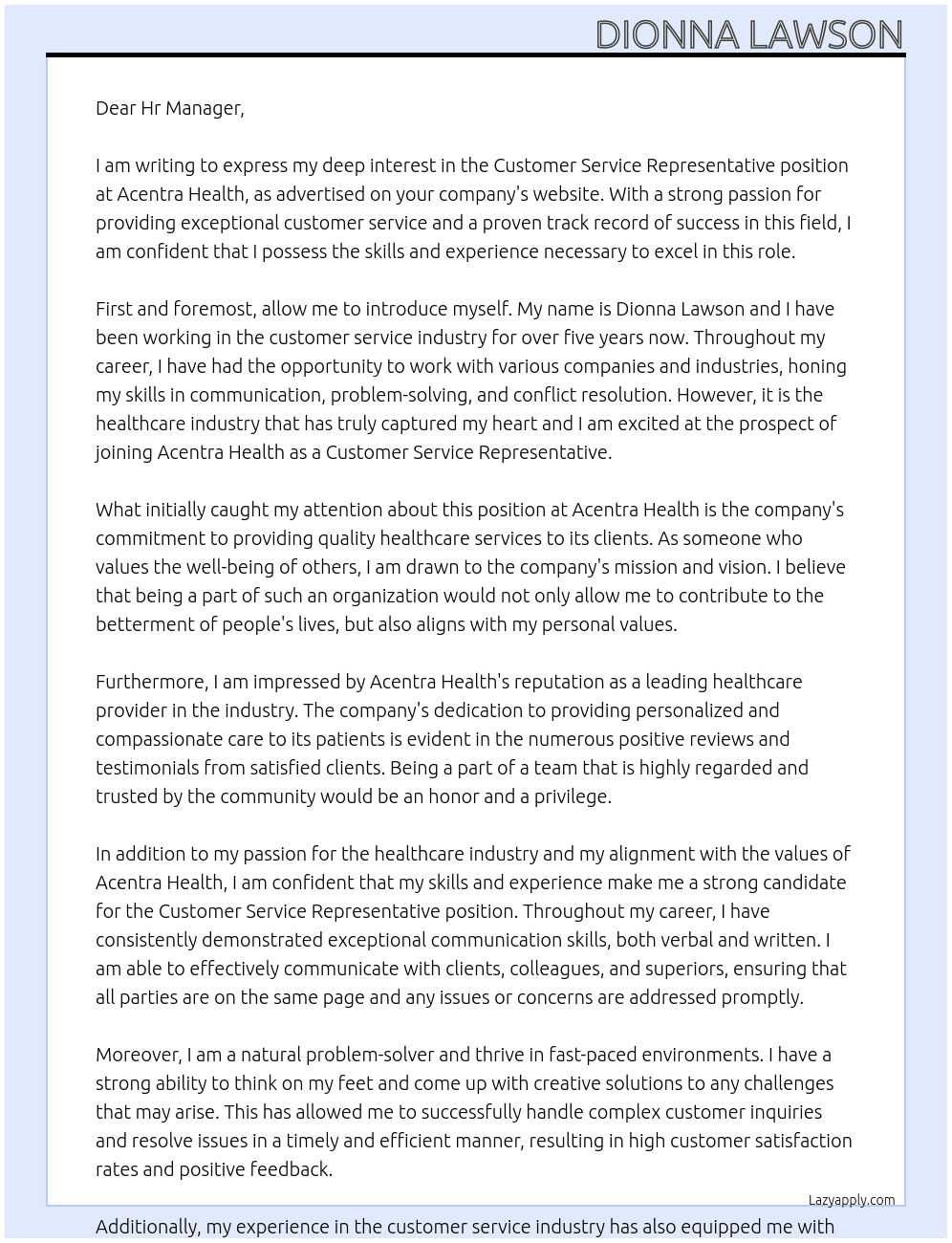 Customer Service Representative At Acentra Health Cover Letter