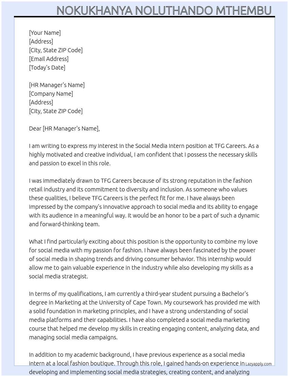 Social Media Intern At TFG Careers Cover Letter
