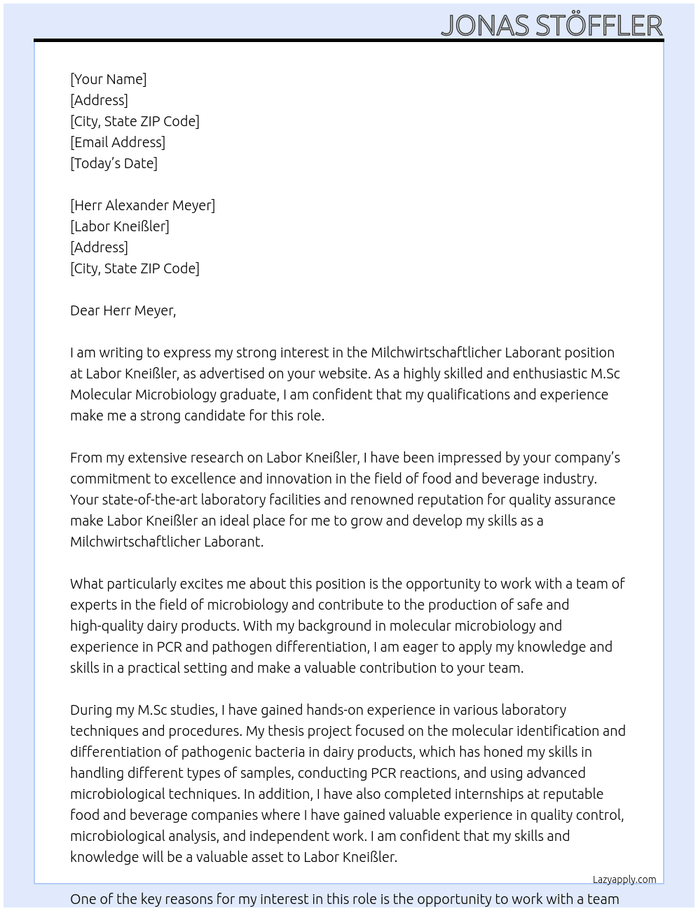 Milchwirtschaftlicher Laborant At Labor Kneißler Cover Letter