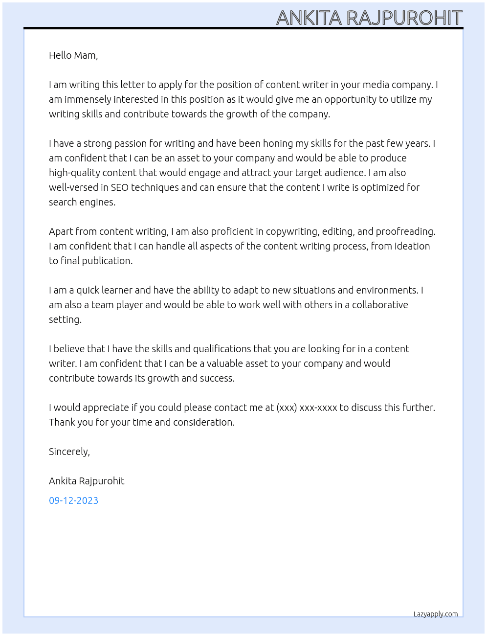 content writer At media company Cover Letter