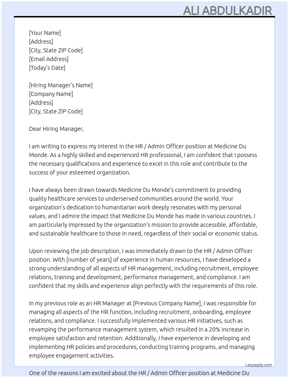 HR / Admin Officer  At Medicine Du Monde  Cover Letter