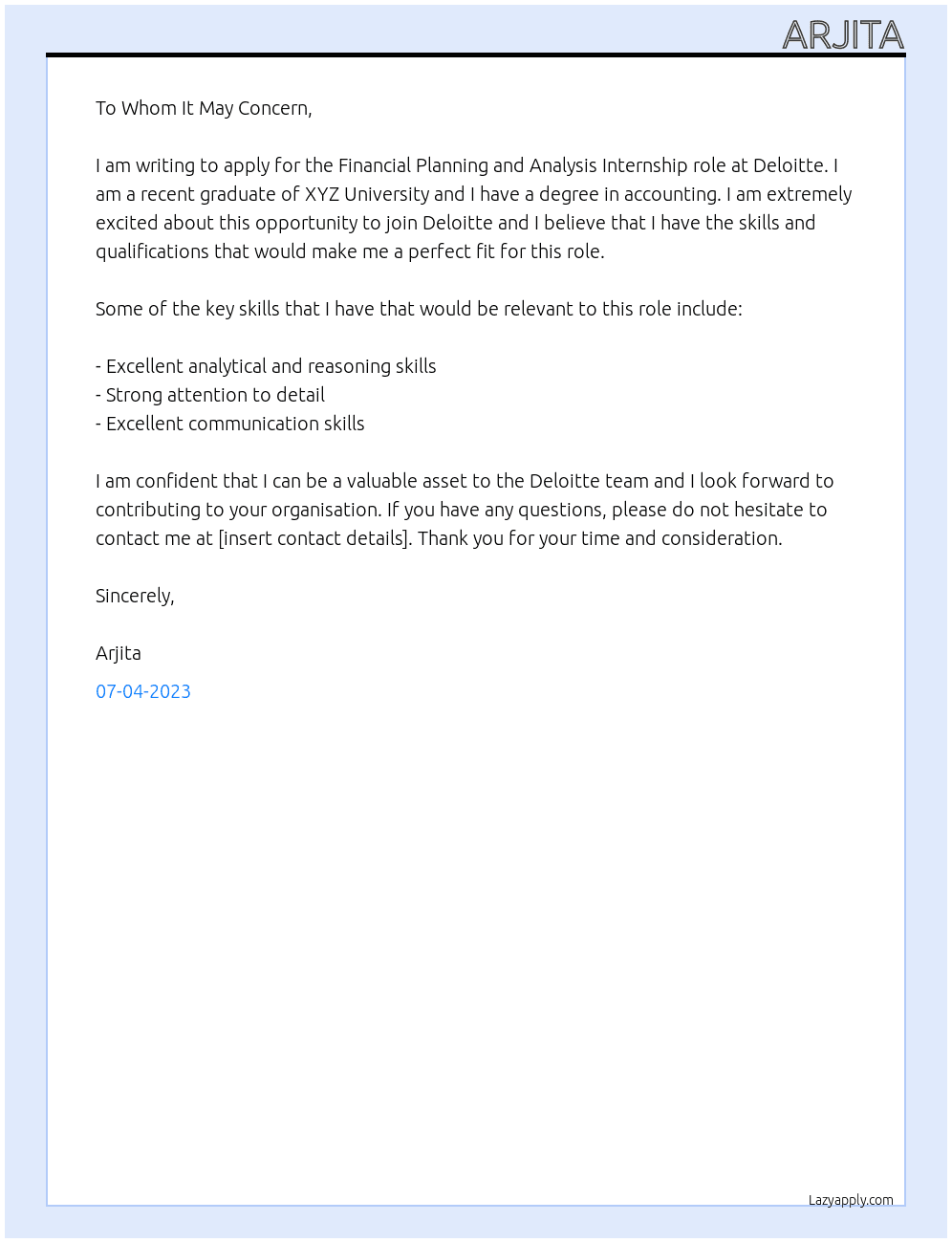 Financial Planning and Analysis At Deloitte Cover Letter