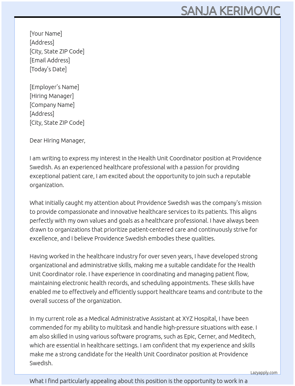 Health Unit Coordinator  At Providence Swedish  Cover Letter