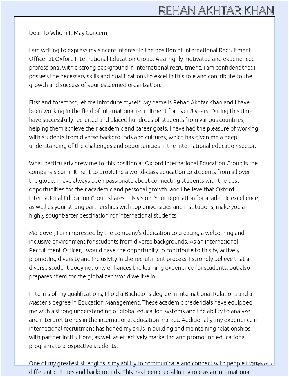 International Recruitment Officer At Oxford International Education Group Cover Letter