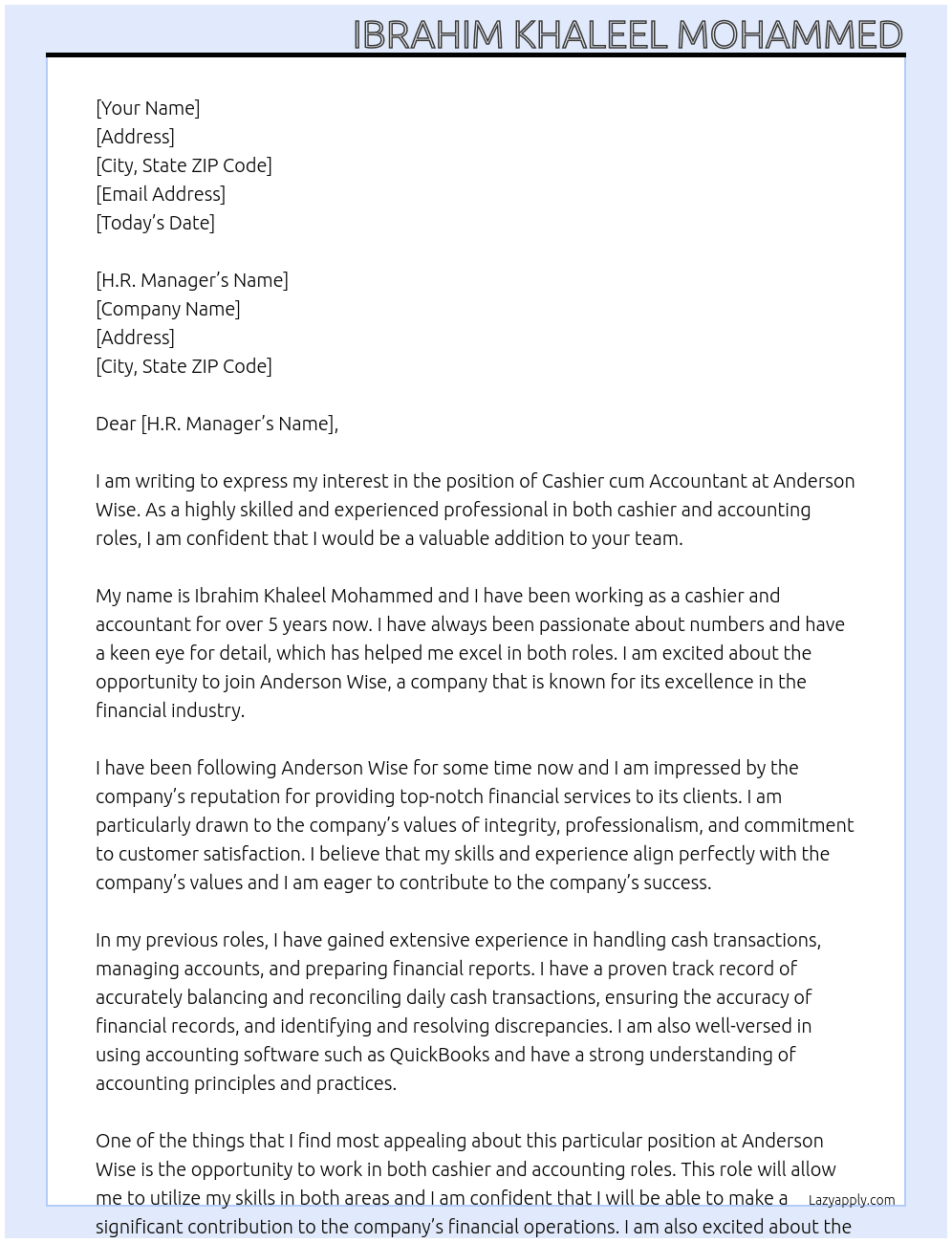 Cashier cum Accountant At Anderson wise Cover Letter